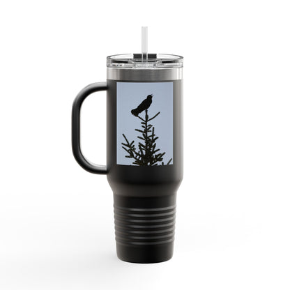 40oz Insulated Travel Mug — Raven Silhouette on Pine (Outdoor Nature Tumbler)