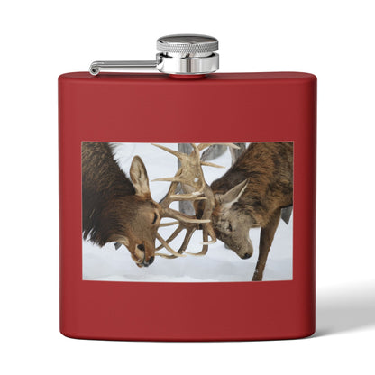 6oz Stainless Steel Flask — Wildlife Photo: Two Bucks Locking Antlers (Hunting Gift)