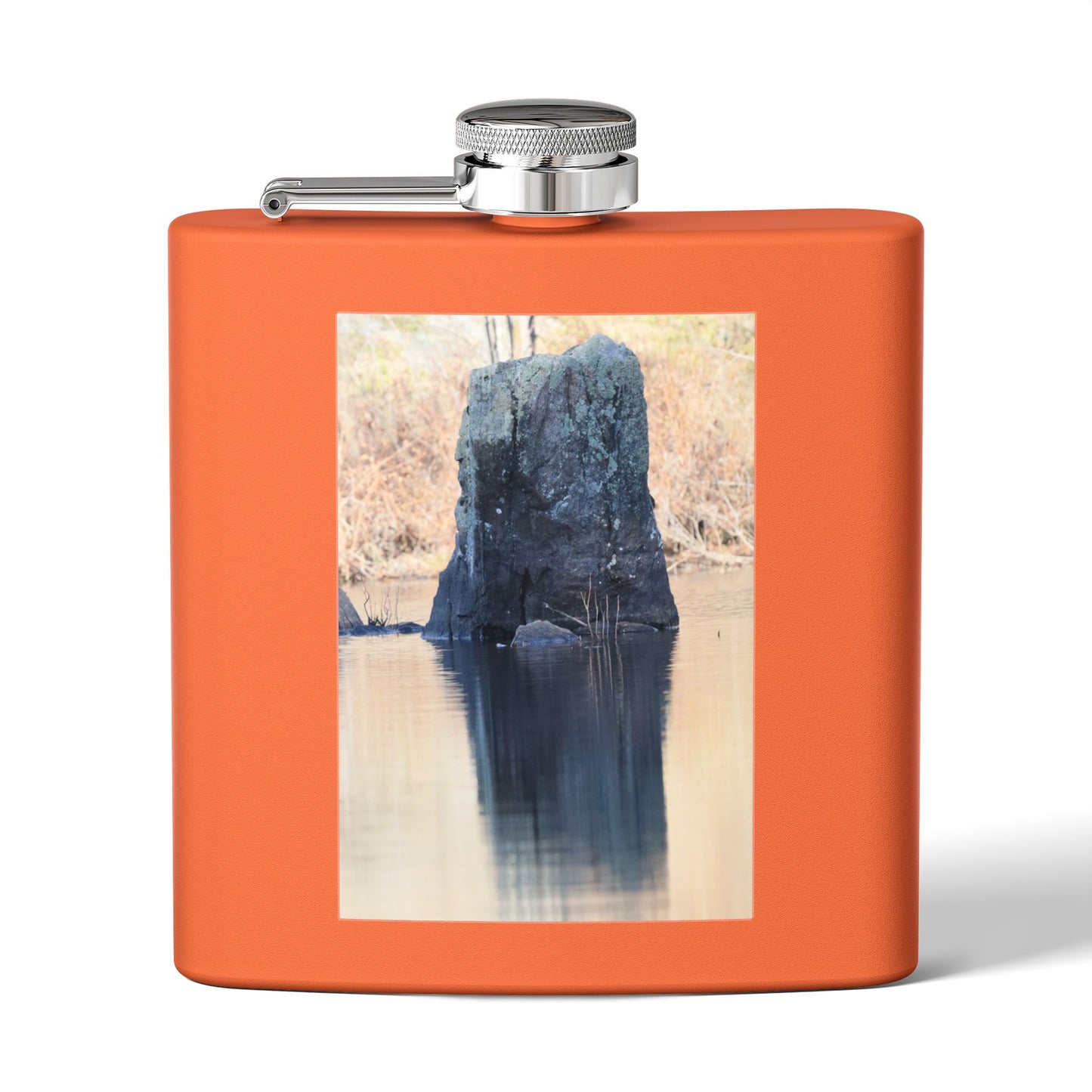 6oz Stainless Steel Flask with Tranquil Lake Rock Photo – Portable Outdoor Hip Flask
