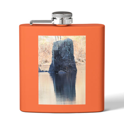 6oz Stainless Steel Flask with Tranquil Lake Rock Photo – Portable Outdoor Hip Flask