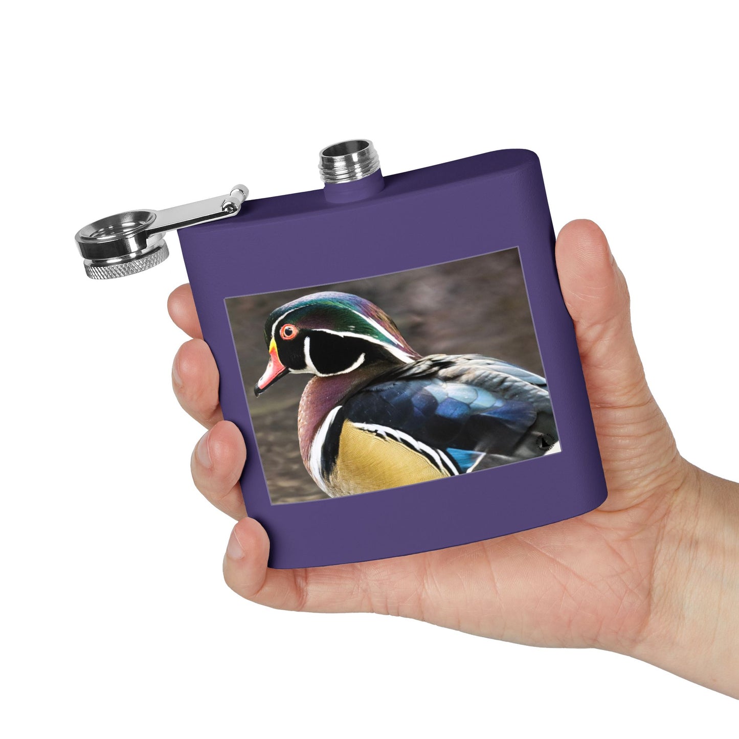 Wood Duck Stainless Steel Flask — 6oz Pocket Hip Flask for Birdwatchers & Outdoor Gifts