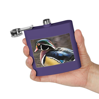 Wood Duck Stainless Steel Flask — 6oz Pocket Hip Flask for Birdwatchers & Outdoor Gifts