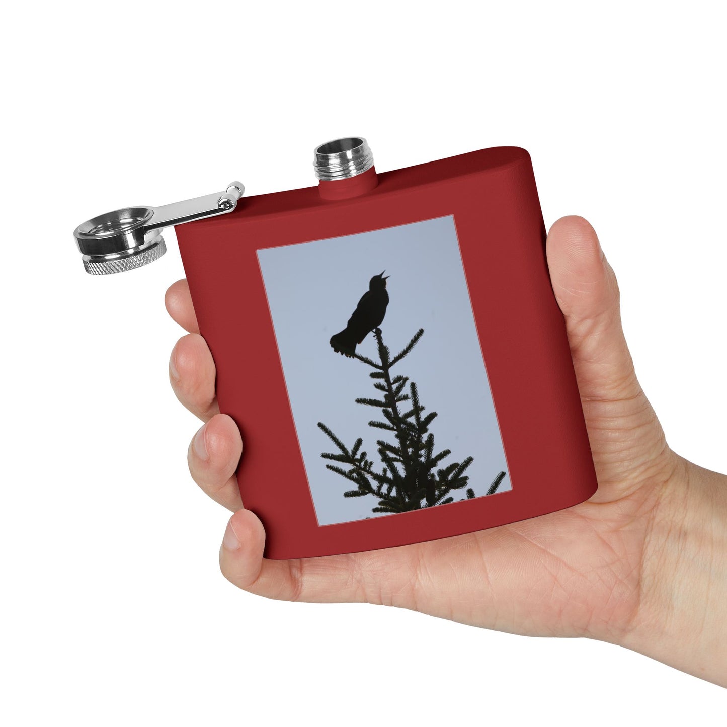 6oz Stainless Steel Flask — Silhouette Bird on Spruce Design
