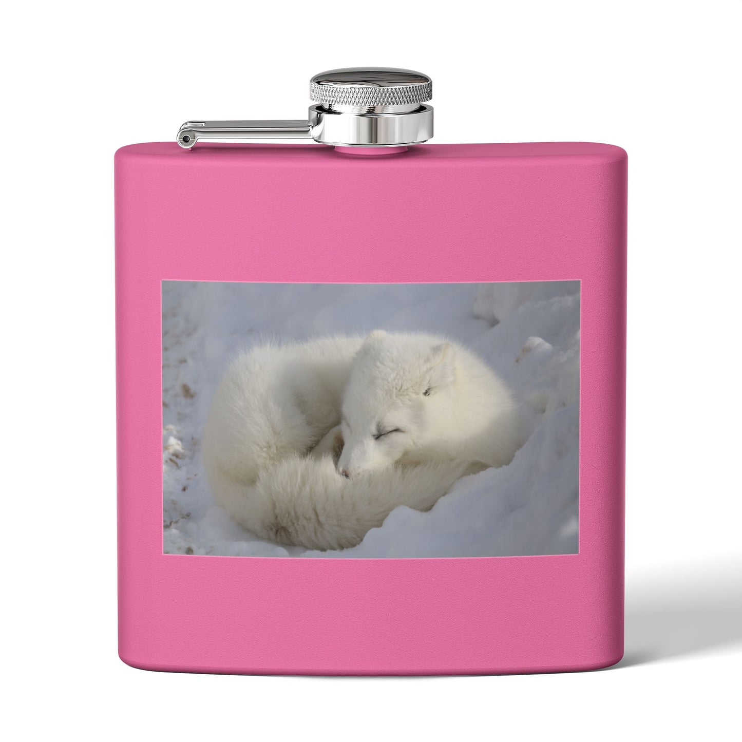 White Arctic Fox Flask — 6oz Stainless Steel Hip Flask with Sleeping Fox Photo