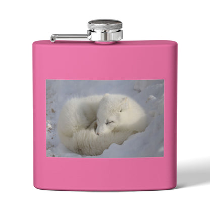 White Arctic Fox Flask — 6oz Stainless Steel Hip Flask with Sleeping Fox Photo
