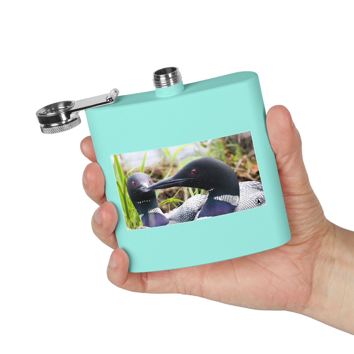 6oz Stainless Steel Flask — Loon Pair Nature Photo Flask for Outdoors & Gifts