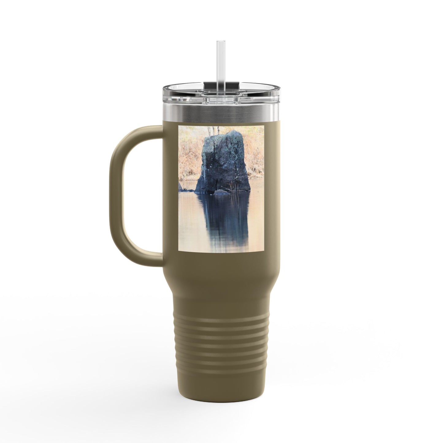 40oz Insulated Travel Mug with Scenic Forest Lake Photo