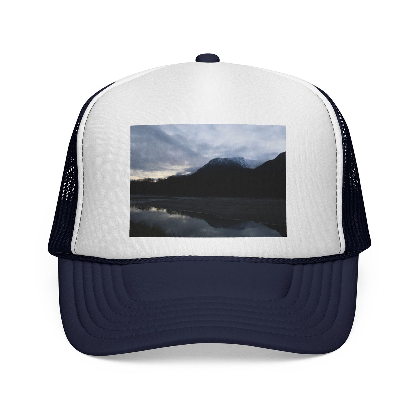 Mountain Lake Trucker Cap — Scenic Nature Photo Mesh Hat