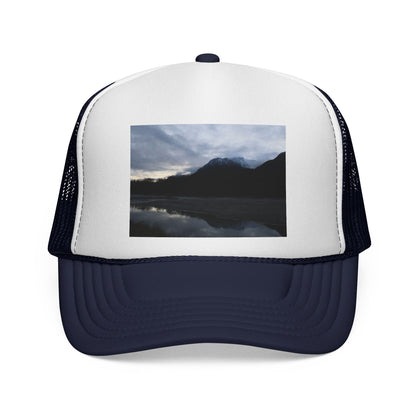 Mountain Lake Trucker Cap — Scenic Nature Photo Mesh Hat