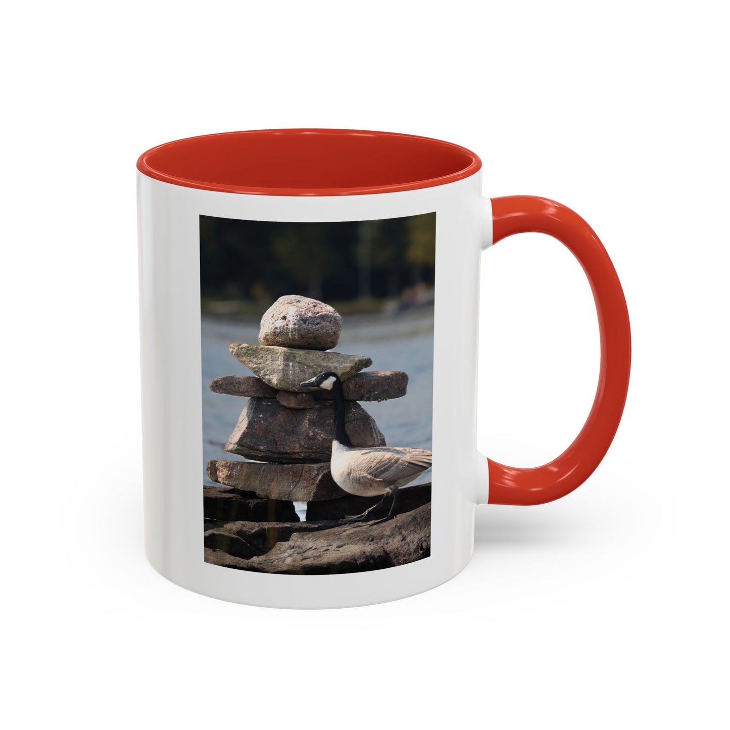 Seaside Rock Cairn Accent Coffee Mug — Coastal Bird & Stacked Stones Photo (11/15oz)