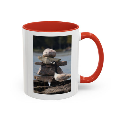 Seaside Rock Cairn Accent Coffee Mug — Coastal Bird & Stacked Stones Photo (11/15oz)