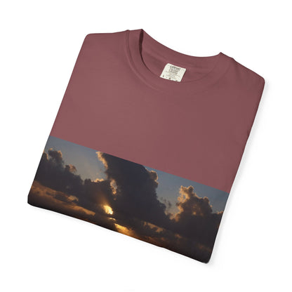 Dawn's Luminous Horizon: Seascape Sunrise, Coastal Cloudscape Panoramaphotography shirts
