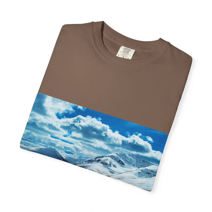 Alpine Majesty: Winter Mountain Panorama, Pristine Snow-Capped Peaks, Wilderness Landscapephotography shirts