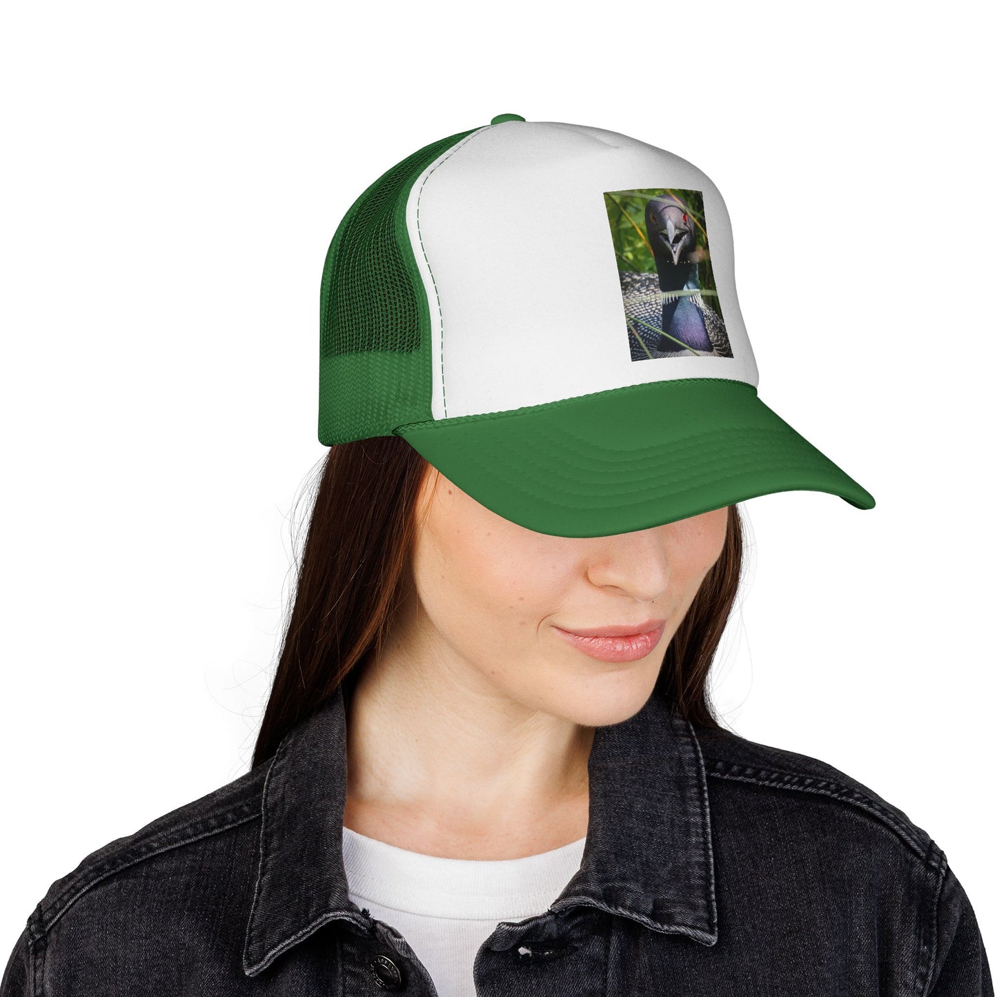 Peacock Portrait Trucker Cap — Colorful Bird Photo Mesh Hat
