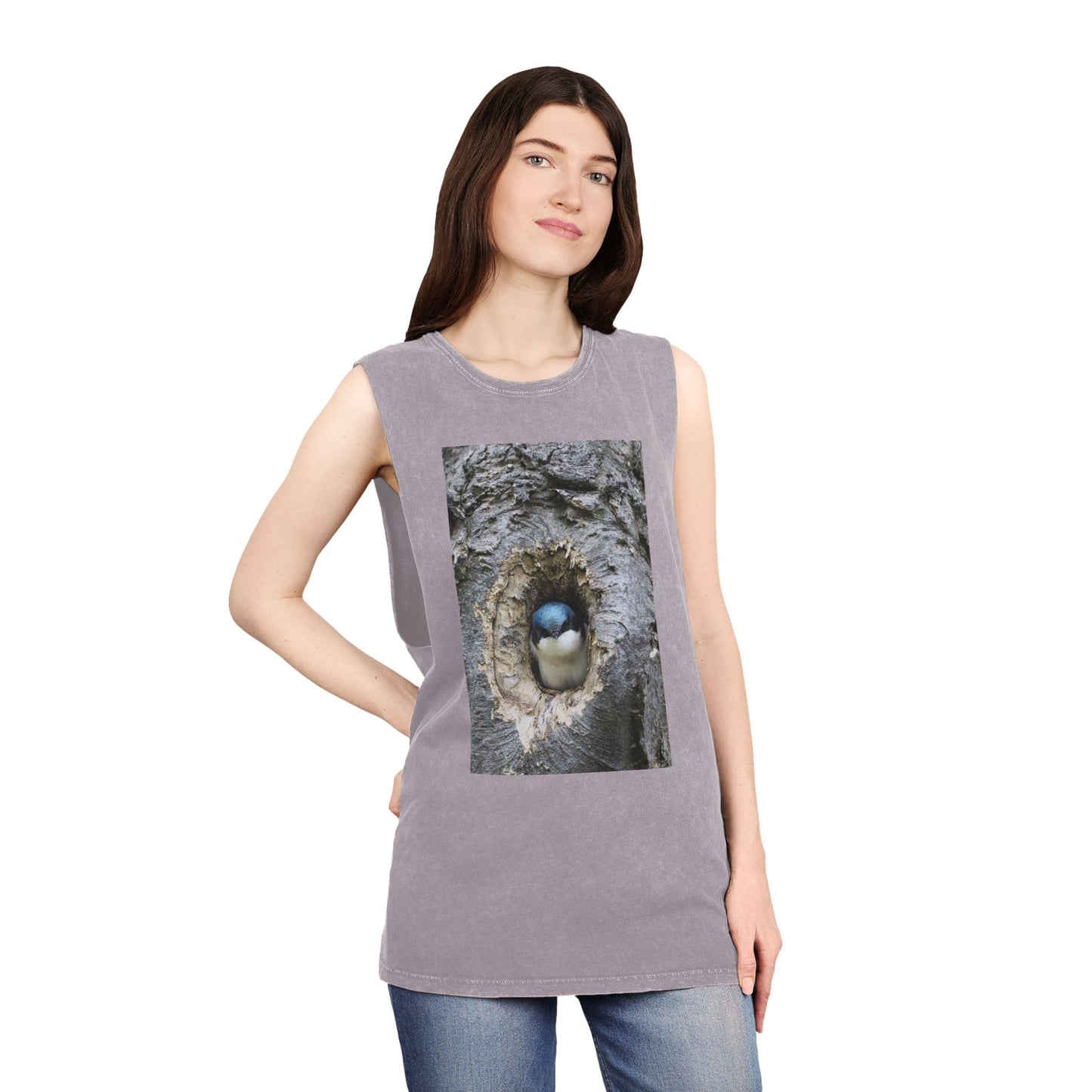 Bird Nest Photo Tank Top — Stonewash Sleeveless Tee with Chick in Hollow Tree