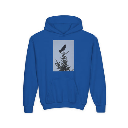 Youth Hoodie with Raven Silhouette on Pine — Cozy Nature Kids Sweatshirt