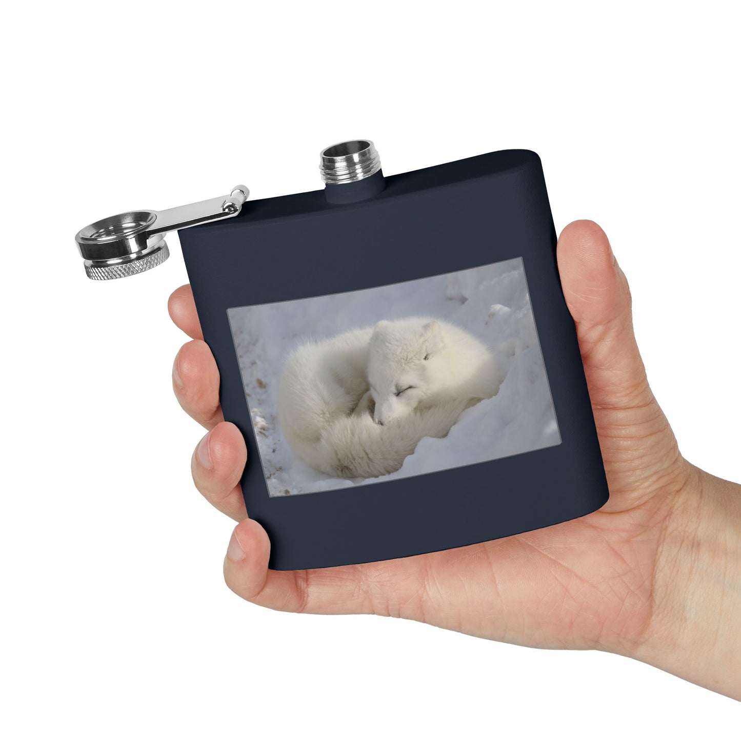White Arctic Fox Flask — 6oz Stainless Steel Hip Flask with Sleeping Fox Photo