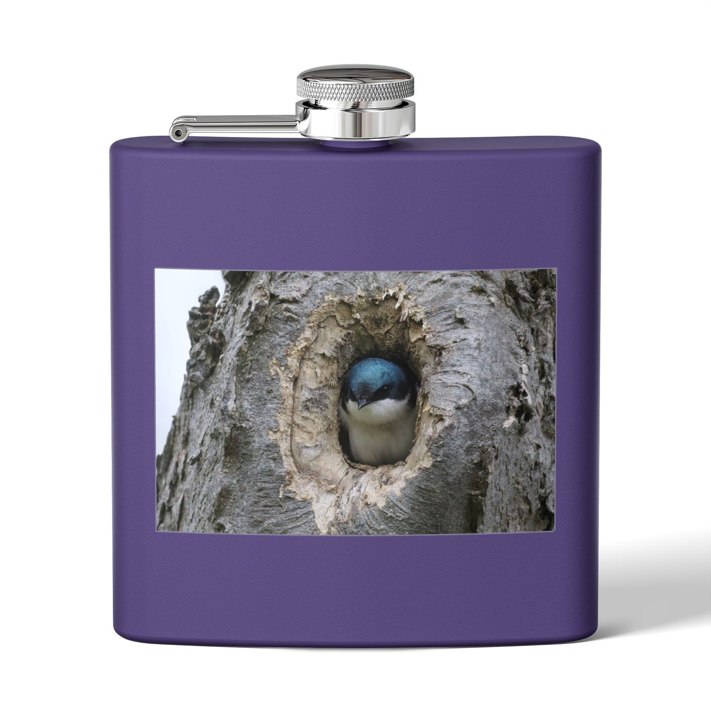 6oz Stainless Steel Flask with Tree Swallow Nest Photo — Nature Lover Gift