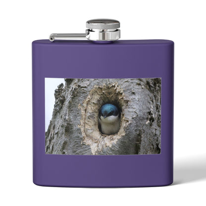 6oz Stainless Steel Flask with Tree Swallow Nest Photo — Nature Lover Gift