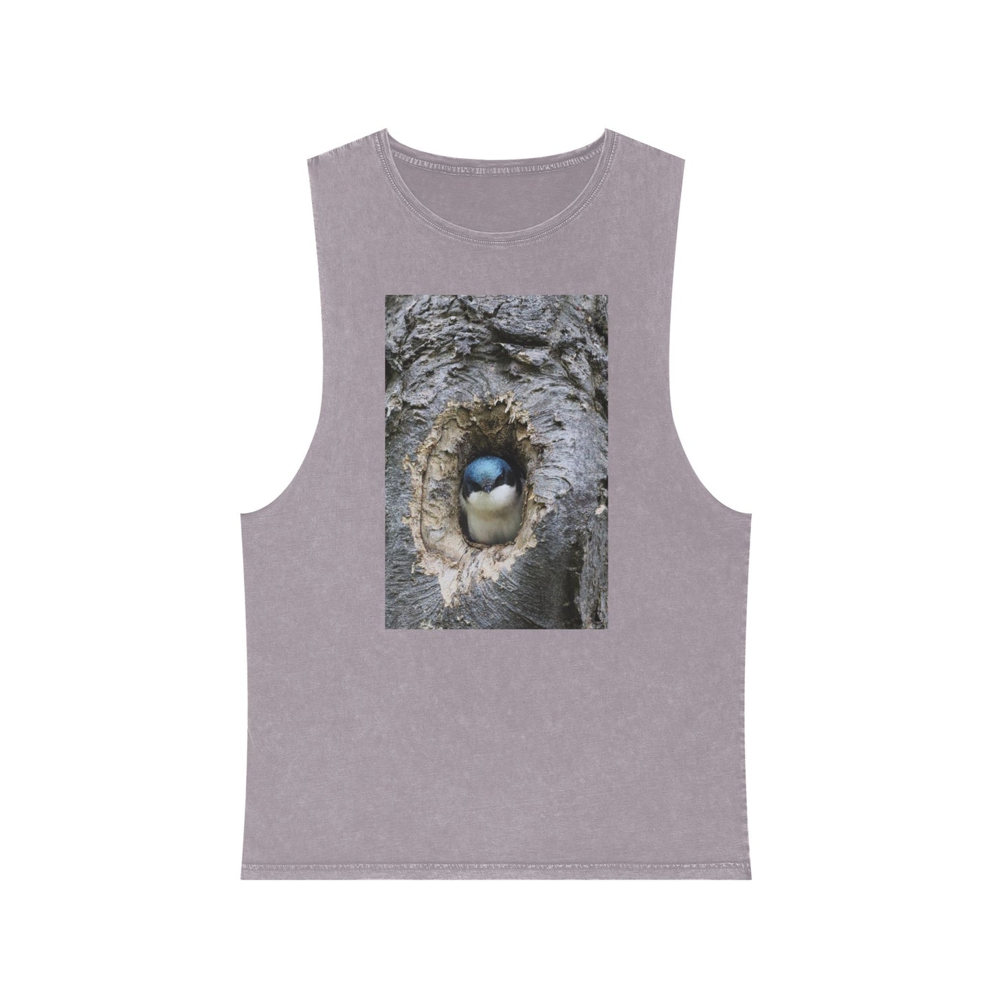 Bird Nest Photo Tank Top — Stonewash Sleeveless Tee with Chick in Hollow Tree