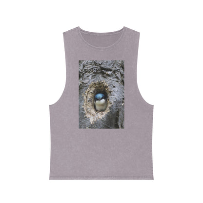 Bird Nest Photo Tank Top — Stonewash Sleeveless Tee with Chick in Hollow Tree