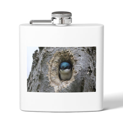 6oz Stainless Steel Flask with Tree Swallow Nest Photo — Nature Lover Gift