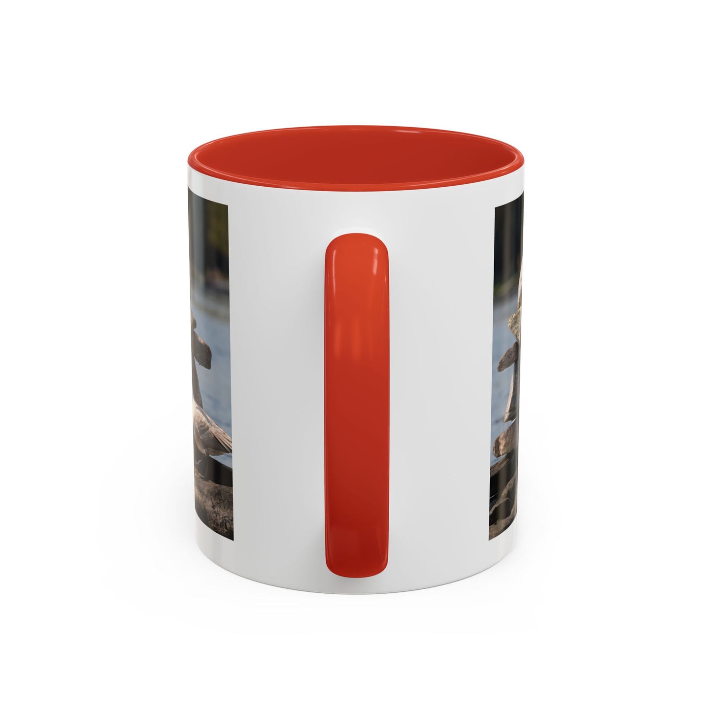 Seaside Rock Cairn Accent Coffee Mug — Coastal Bird & Stacked Stones Photo (11/15oz)