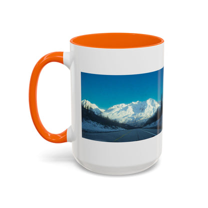 Scenic Mountain Panorama Accent Coffee Mug — Snowy Peaks Travel Coffee Cup (11/15 oz)