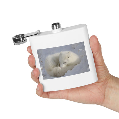 White Arctic Fox Flask — 6oz Stainless Steel Hip Flask with Sleeping Fox Photo