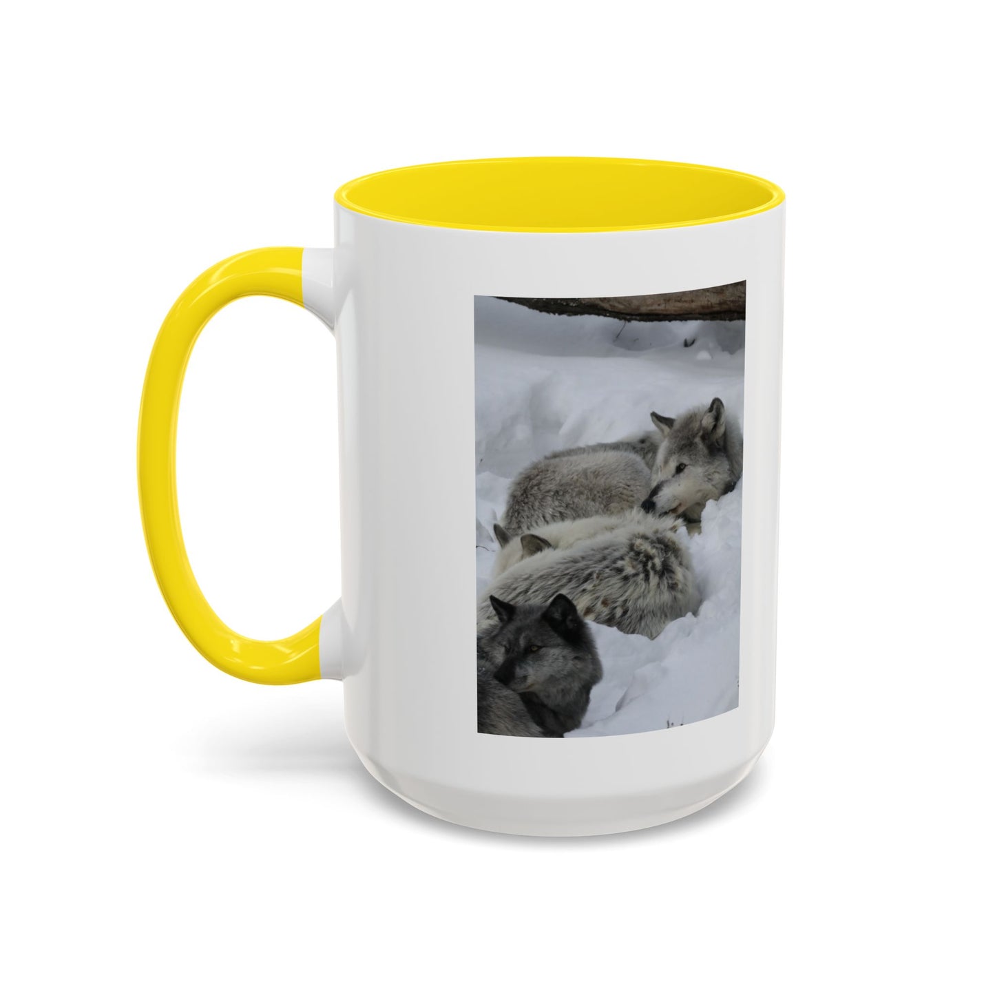 Wolf Pack Coffee Mug – Accent Black Handle 11/15oz, Winter Wildlife Photo