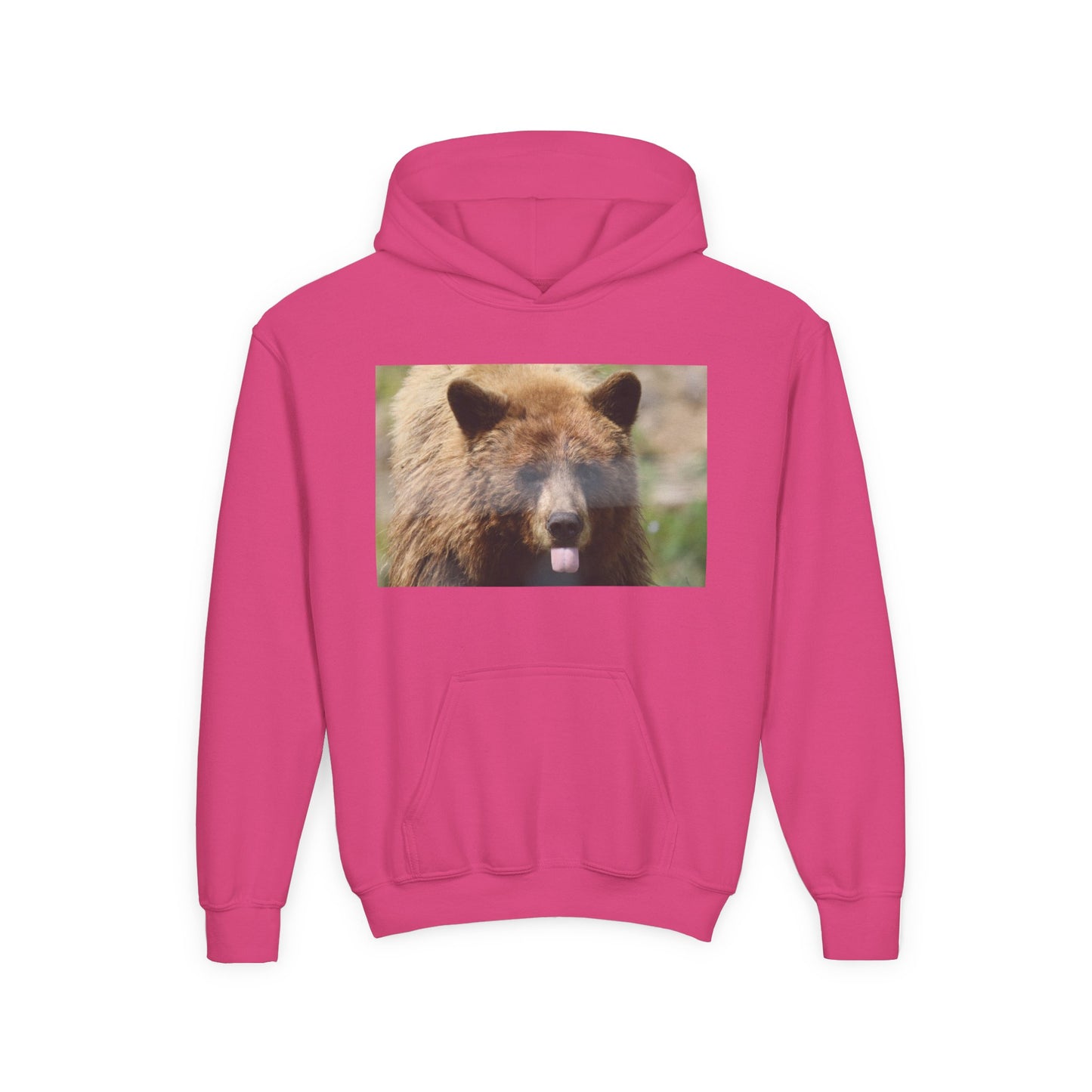 Youth Bear Hoodie — Cute Tongue-Out Bear Photo Kids Pullover