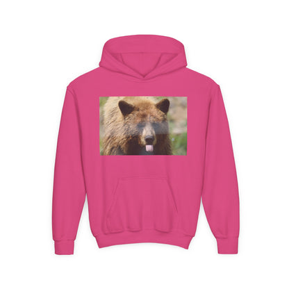 Youth Bear Hoodie — Cute Tongue-Out Bear Photo Kids Pullover