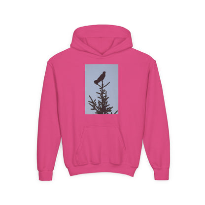 Youth Hoodie with Raven Silhouette on Pine — Cozy Nature Kids Sweatshirt