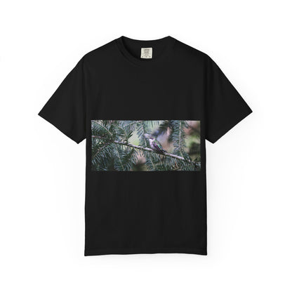 Emerald Wings: Hummingbird in Conifer Haven, Wildlife Macro Photographyphotography shirts