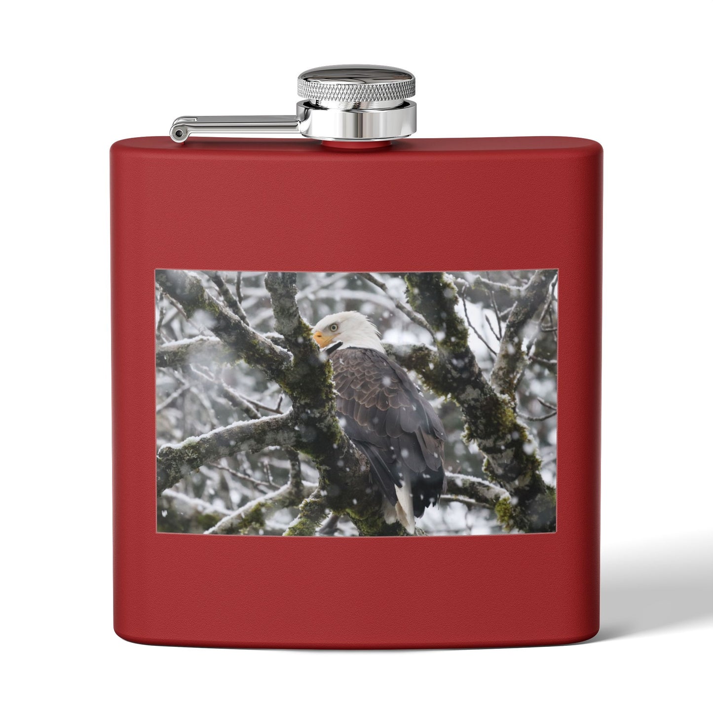 Eagle In Snow 6oz Stainless Steel Hip Flask — Bald Eagle Wildlife Photo Flask, Outdoor Gift for Hunters & Nature Lovers