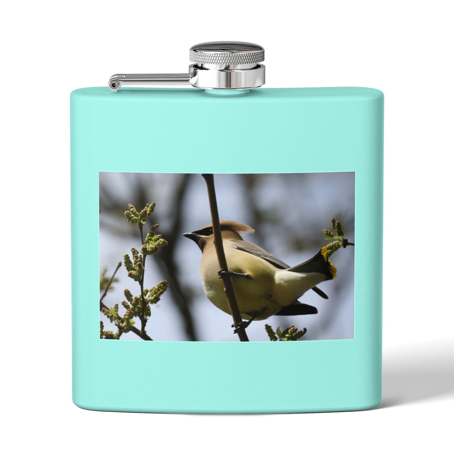 6oz Stainless Steel Flask with Cedar Waxwing Bird Photo — Wildlife Gift for Bird Lovers