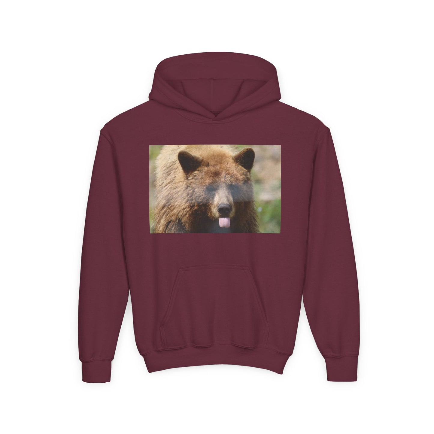 Youth Bear Hoodie — Cute Tongue-Out Bear Photo Kids Pullover