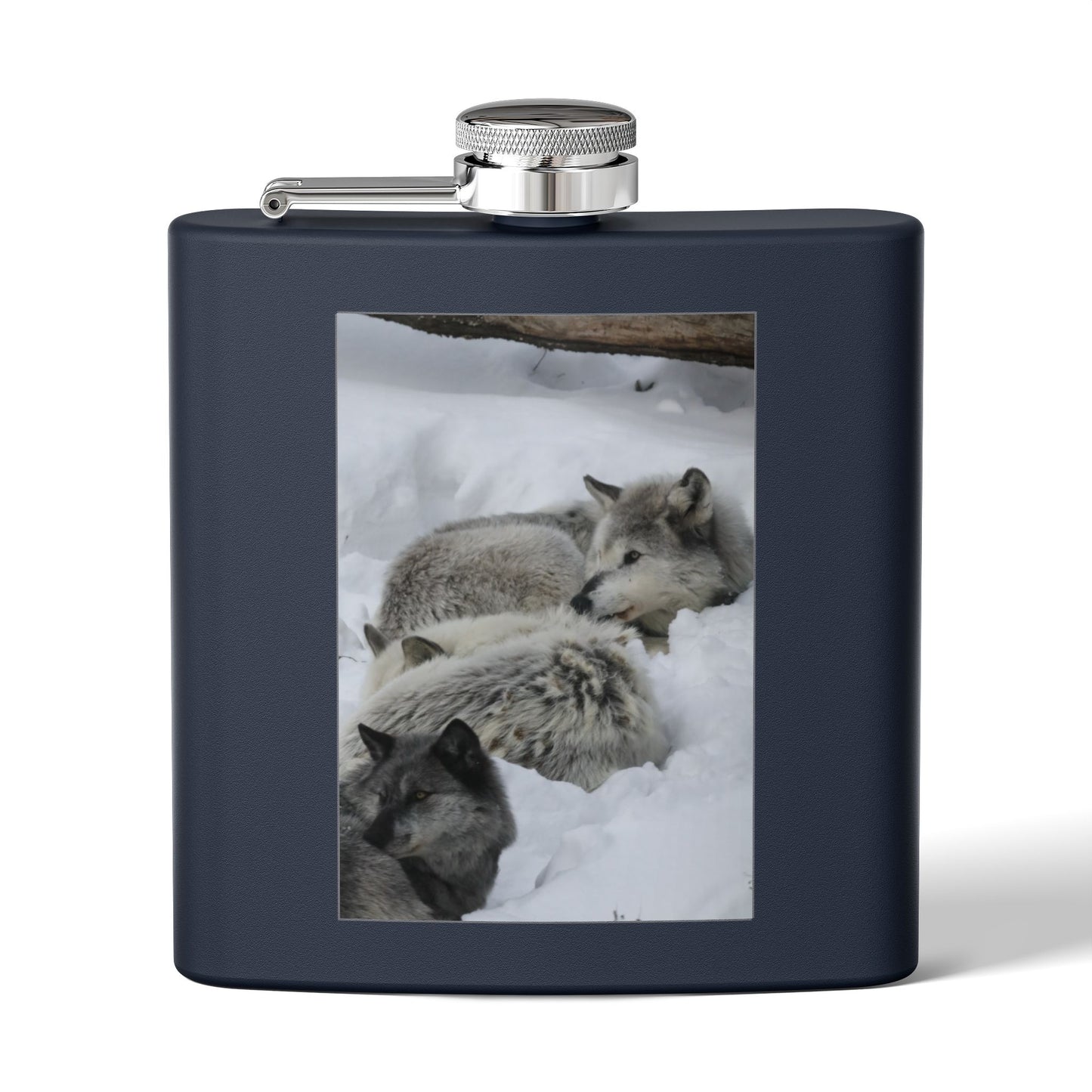Wolf Pack Stainless Steel Flask – 6oz Snow Wolves Hip Flask