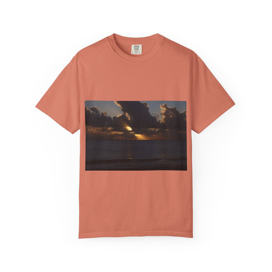 Dawn's Luminous Horizon: Seascape Sunrise, Coastal Cloudscape Panoramaphotography shirts