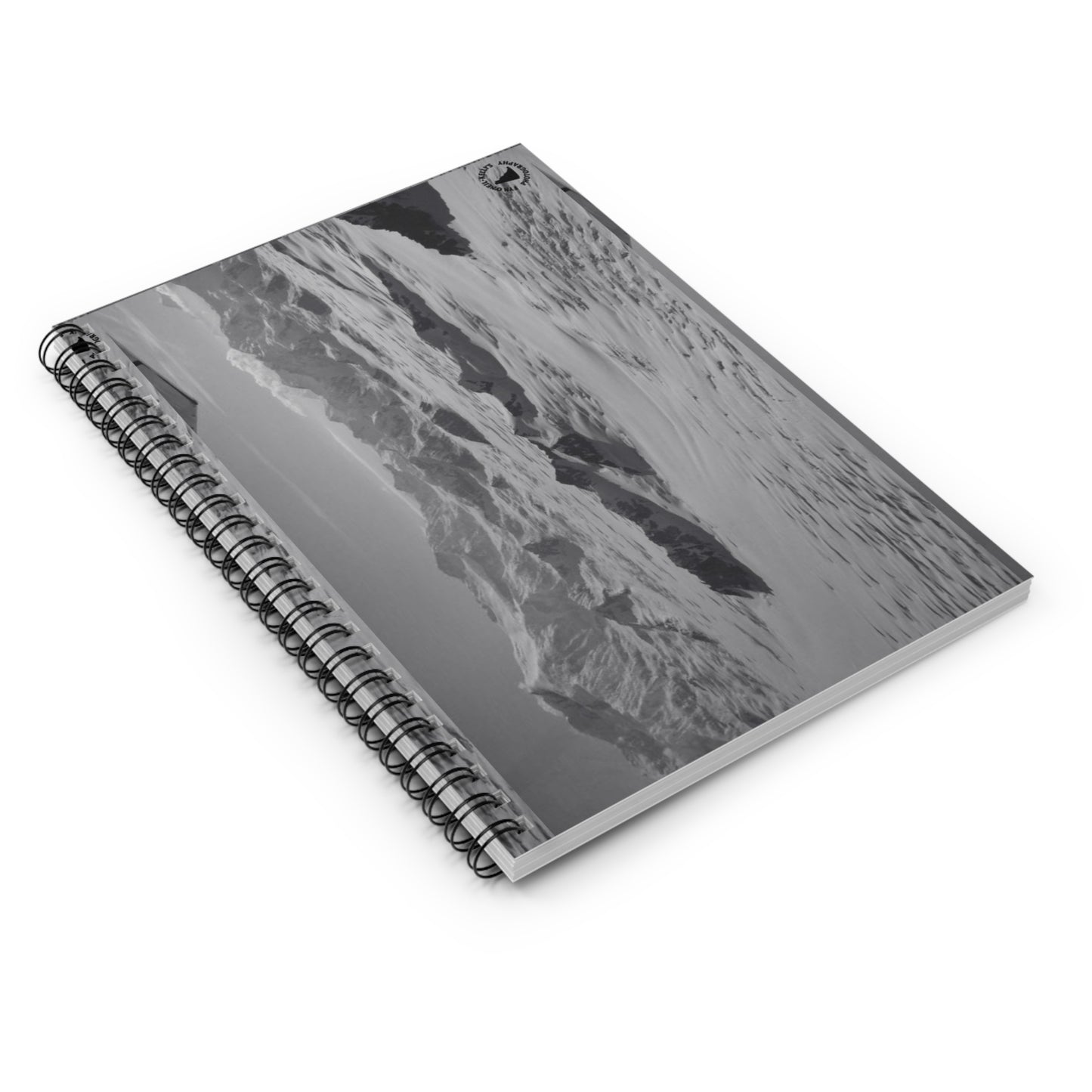 Snowy Mountain Beach Spiral Notebook — Black & White Landscape Ruled Journal