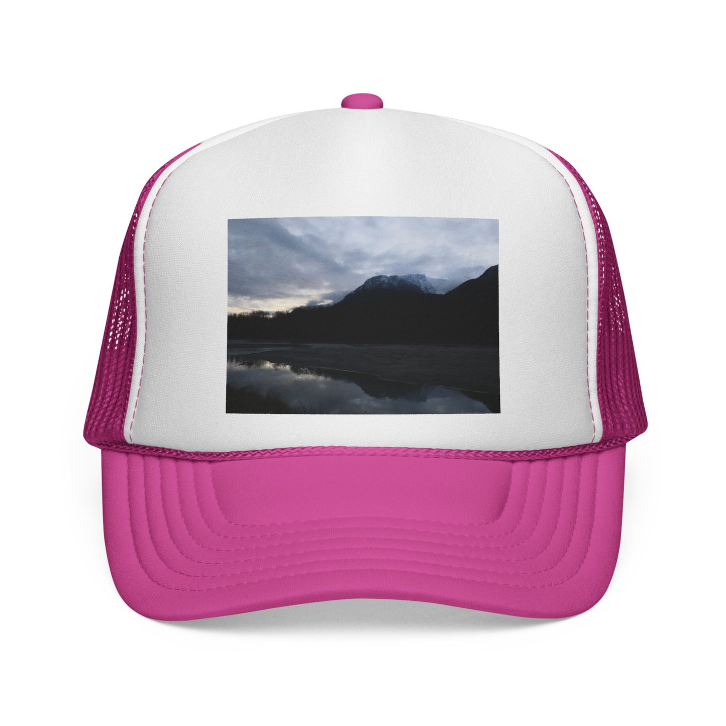 Mountain Lake Trucker Cap — Scenic Nature Photo Mesh Hat