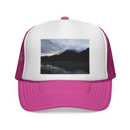 Mountain Lake Trucker Cap — Scenic Nature Photo Mesh Hat