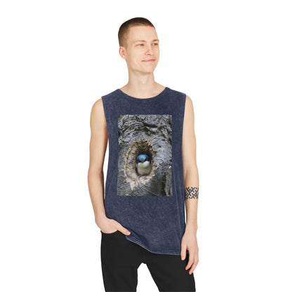 Bird Nest Photo Tank Top — Stonewash Sleeveless Tee with Chick in Hollow Tree