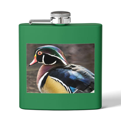Wood Duck Stainless Steel Flask — 6oz Pocket Hip Flask for Birdwatchers & Outdoor Gifts
