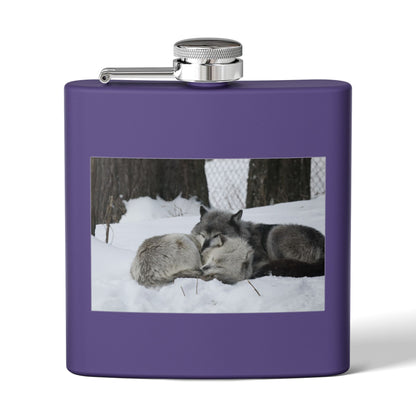 Wolf Pair Photo Stainless Steel Flask — 6oz Winter Wildlife Hip Flask