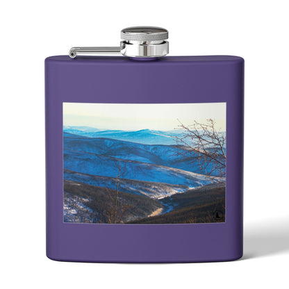 Mountain Vista 6oz Stainless Steel Flask — Scenic Blue Ridge Landscape