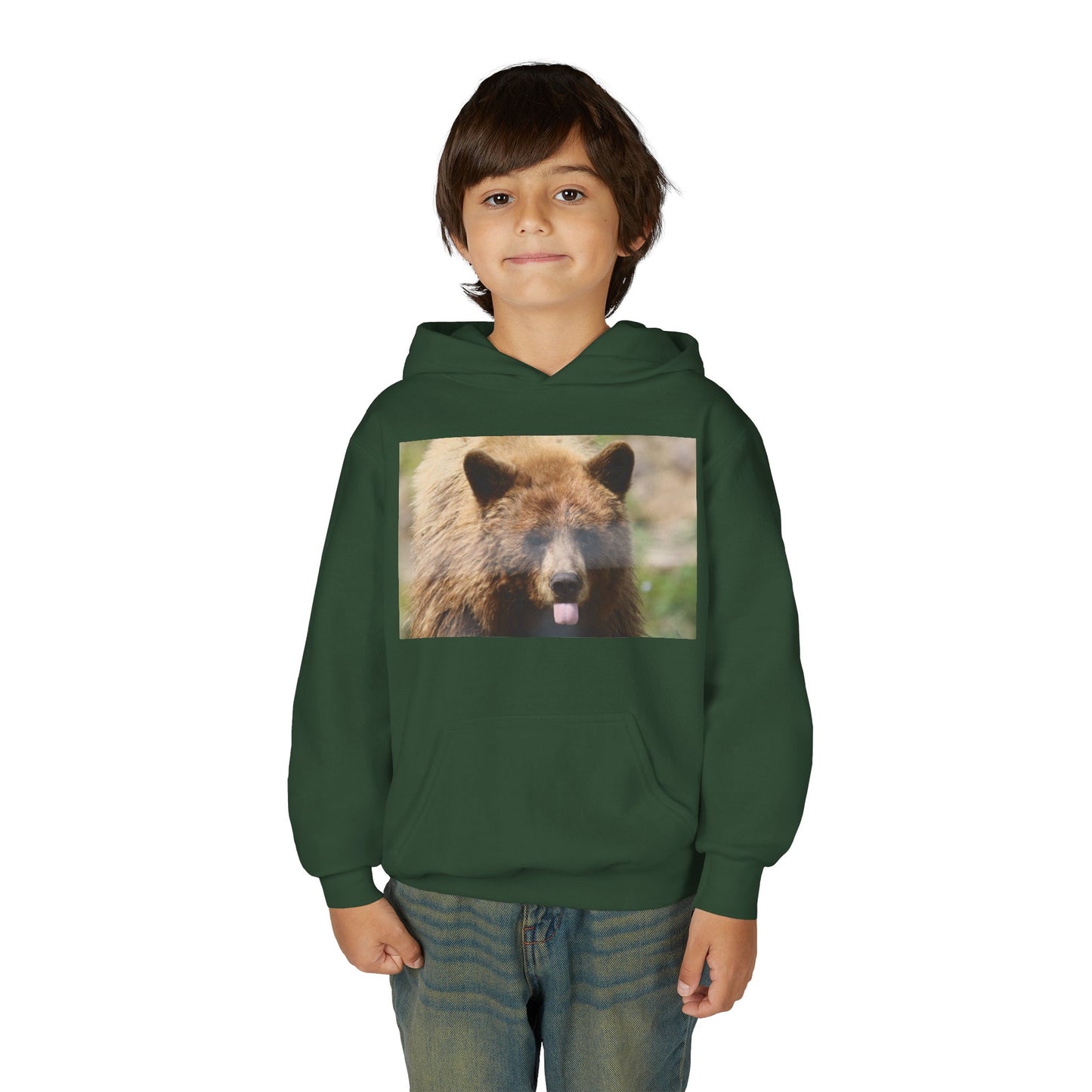 Youth Bear Hoodie — Cute Tongue-Out Bear Photo Kids Pullover
