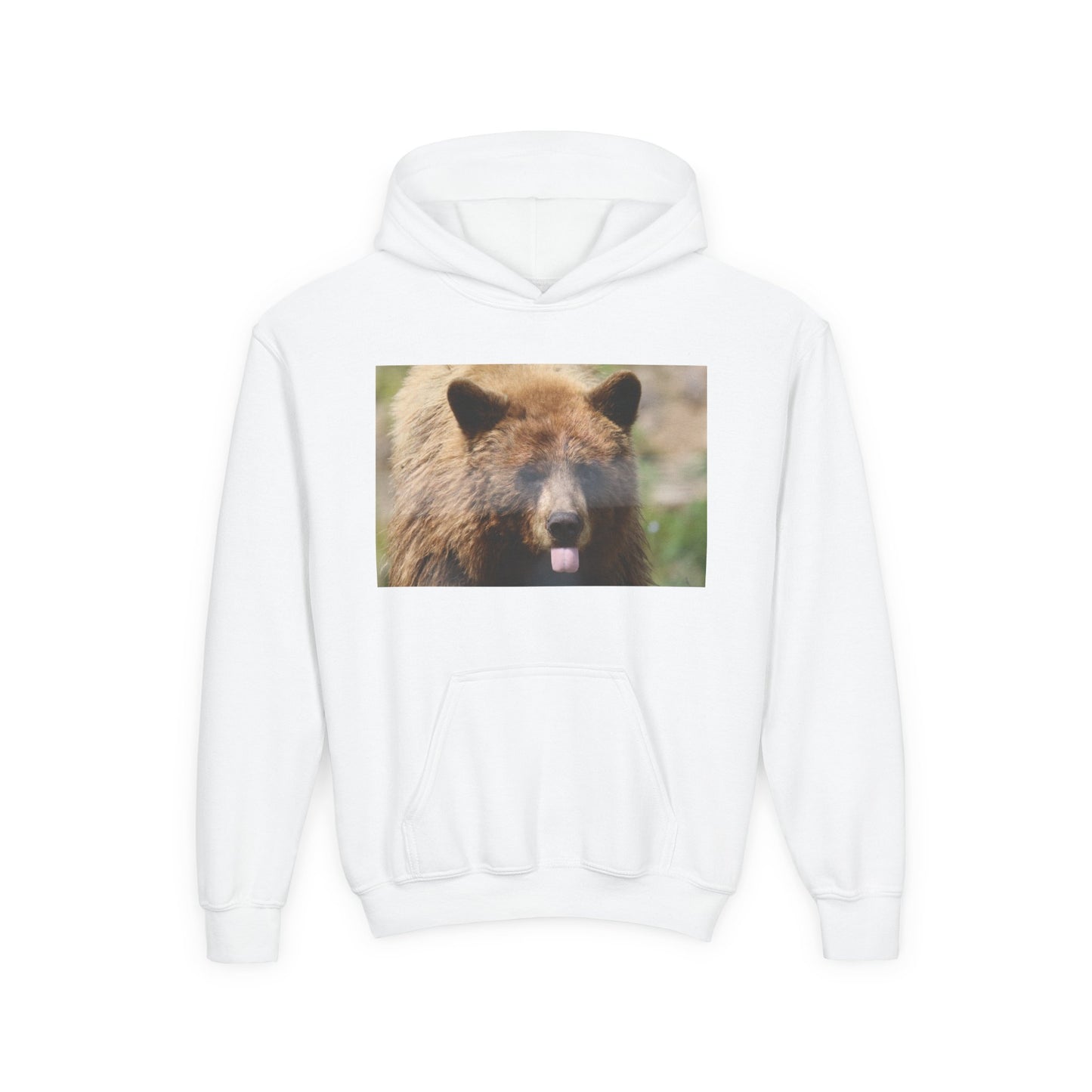 Youth Bear Hoodie — Cute Tongue-Out Bear Photo Kids Pullover
