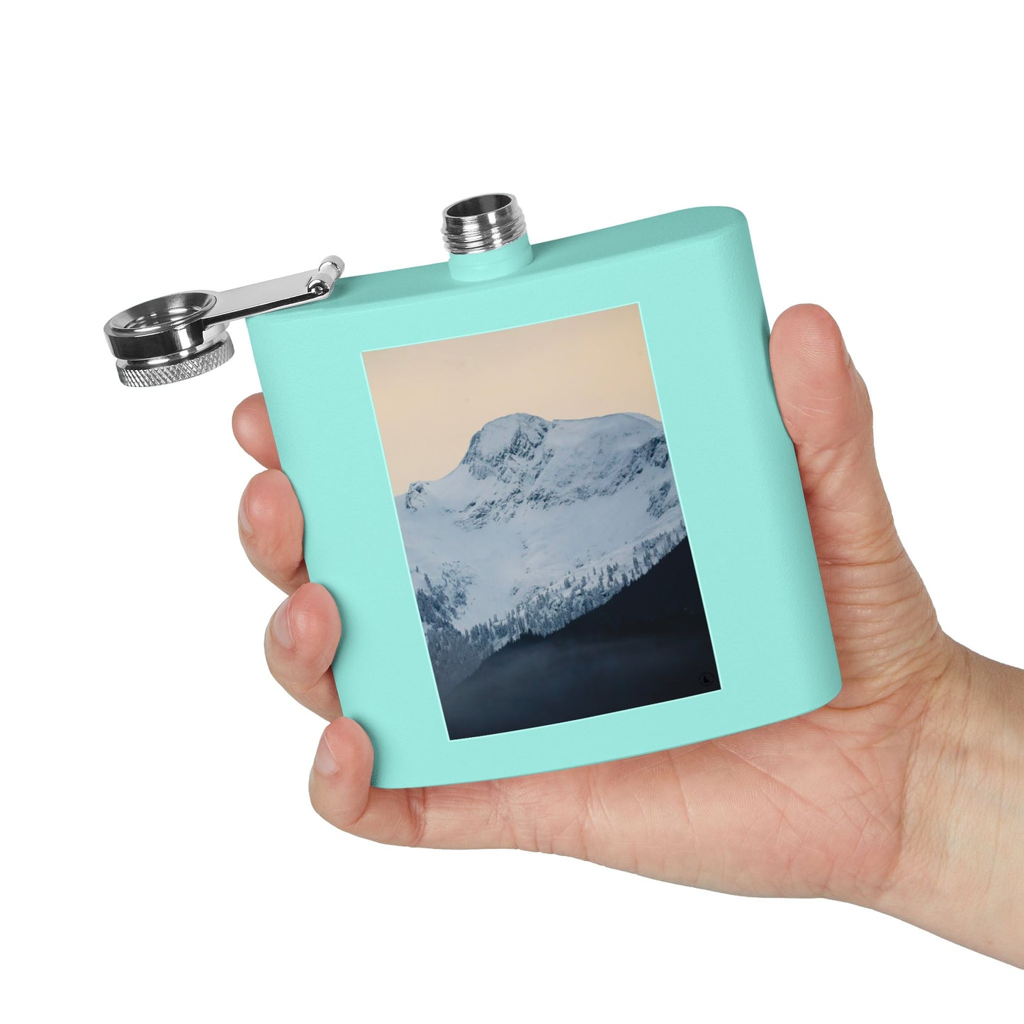 Mountain Peak 6oz Stainless Steel Flask — Snowy Summit Photo Design