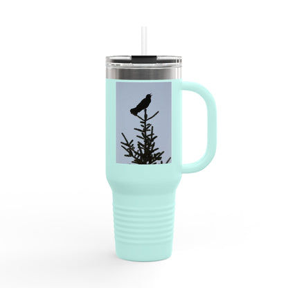 40oz Insulated Travel Mug — Raven Silhouette on Pine (Outdoor Nature Tumbler)